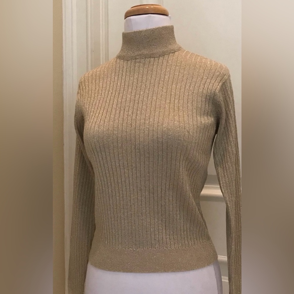 NWOT Talbots petite metallic gold ribbed sweater Size small